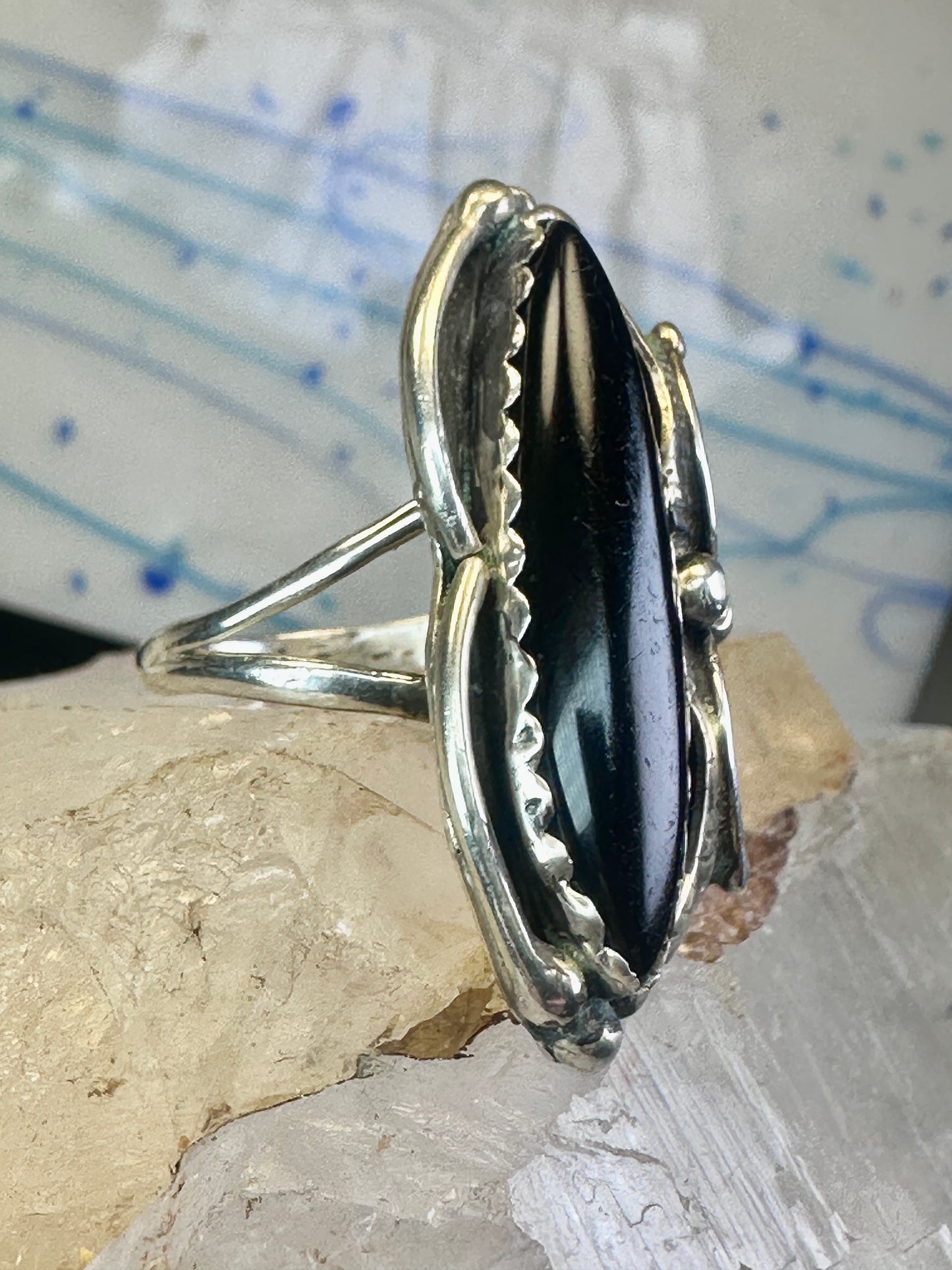 Long Onyx ring Navajo size 9 feathers leaves Sterling silver women girls
