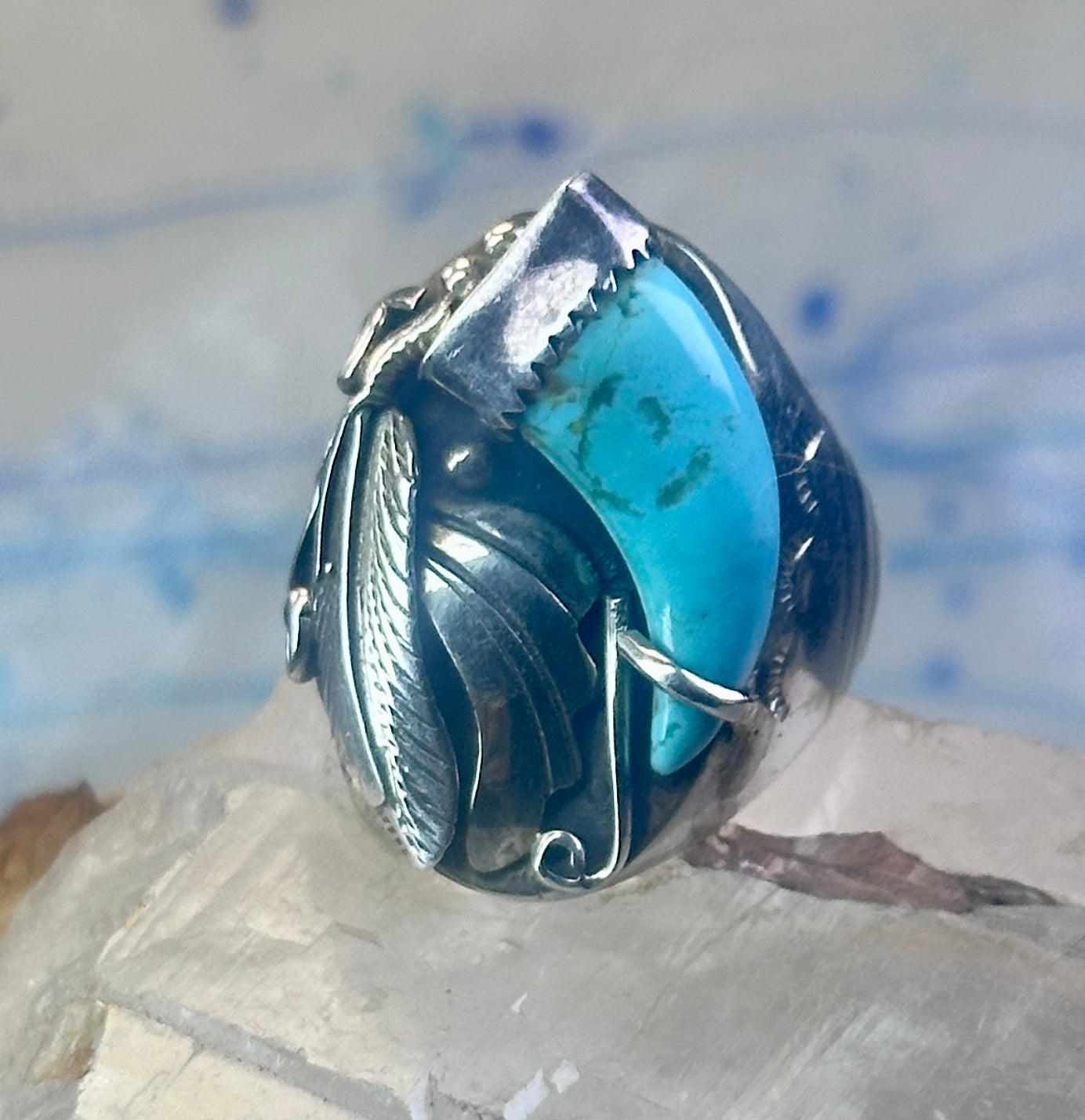 Turquoise ring Navajo size 12.50 feathers claw leaves Sterling silver women men