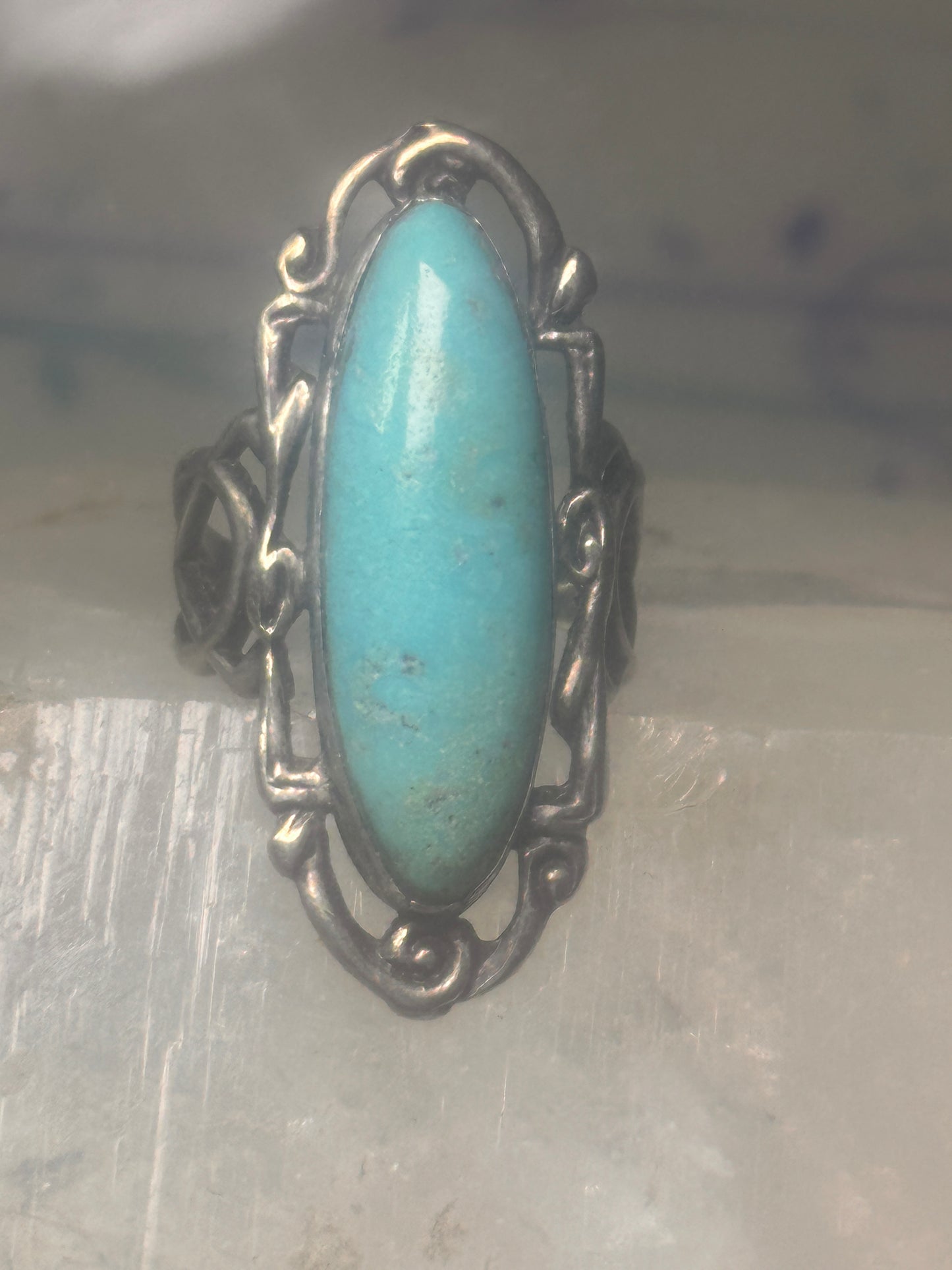 Long Turquoise ring Art Deco Peace size 6.5 sterling silver women girls