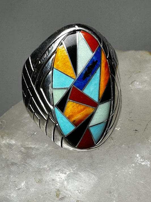 Turquoise ring spiny oyster lapis inlay southwest size 10 sterling silver women men