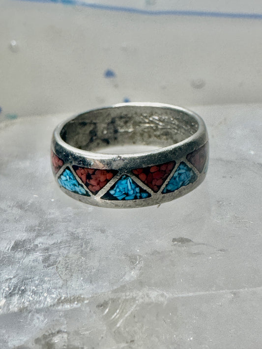 Zuni ring turquoise chips coral wedding band size 8 sterling silver women men