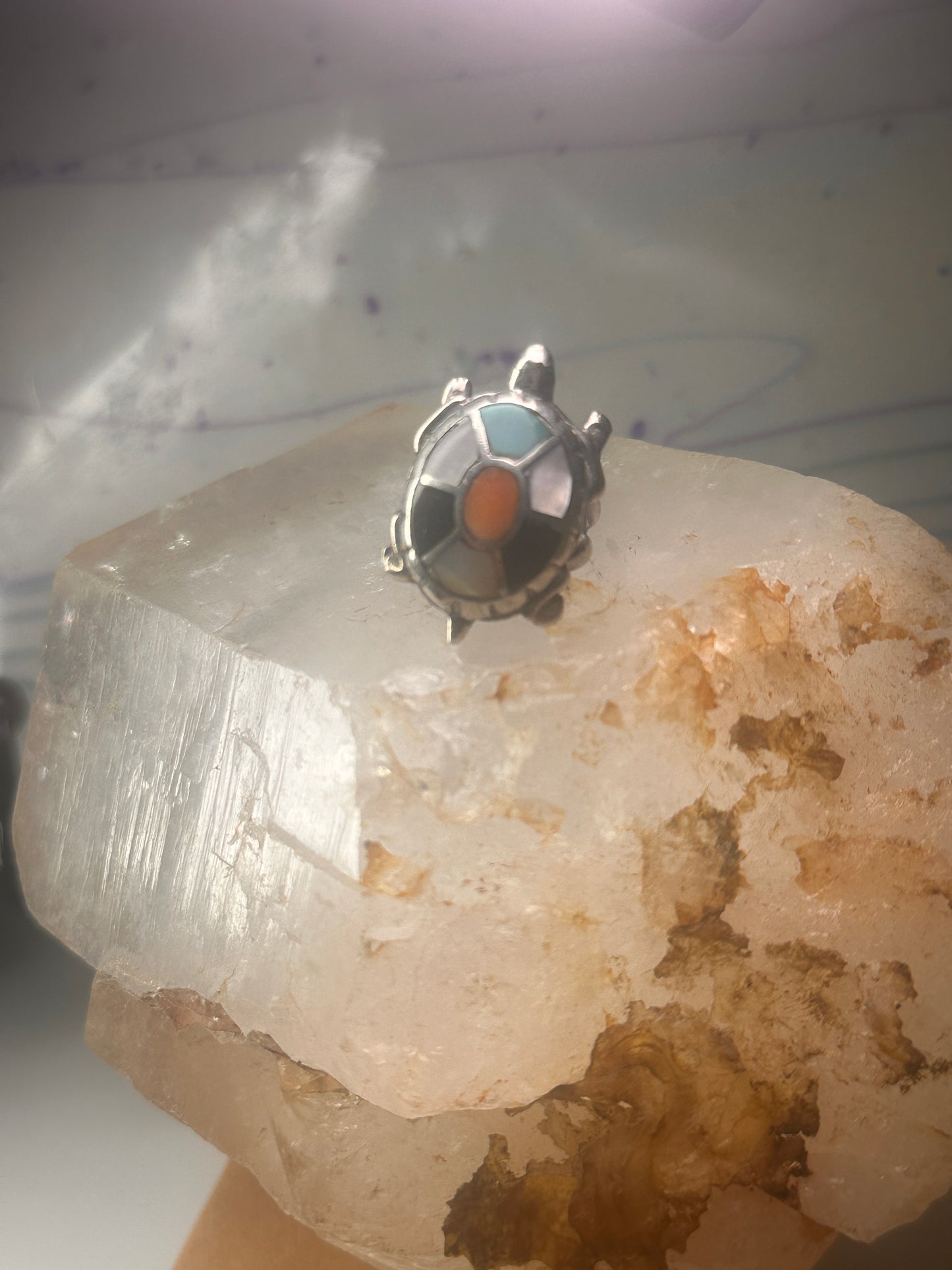 Vintage Turtle ring size 4.25 Navajo sterling silver turquoise MOP coral onyx men women