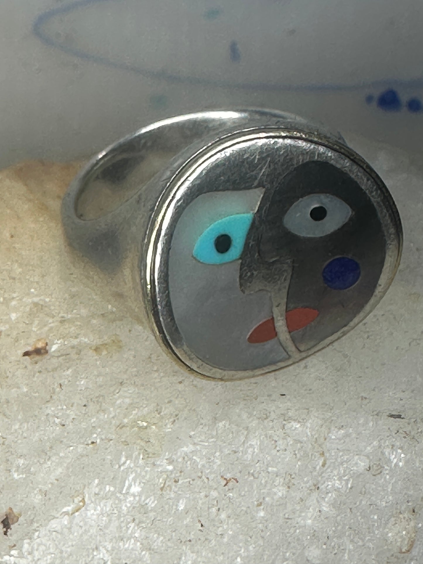 Eric Grossbardt ring size 8.50 face band mop inlay Picasso influences sterling silver
