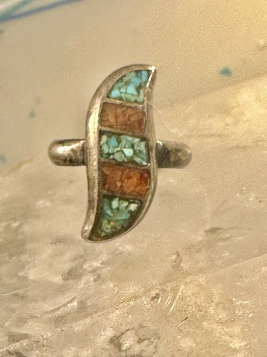 Zuni ring turquoise coral chips band size 5.50 sterling silver women