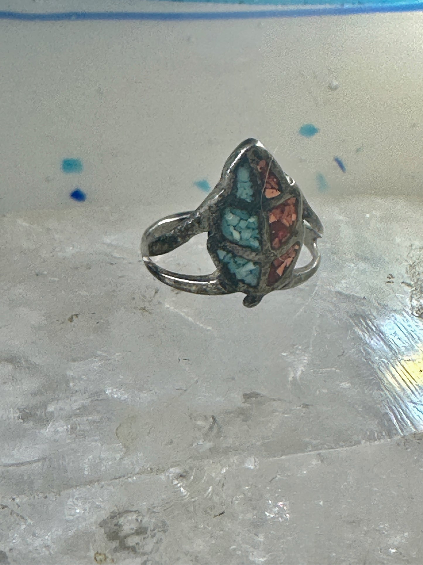 Leaf ring turquoise coral chips size 6.50 sterling silver women