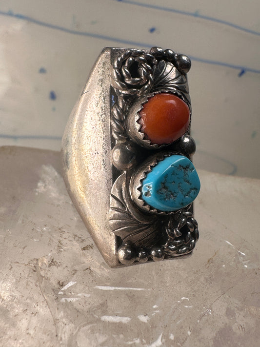 Navajo ring turquoise coral long band size 8.5 sterling silver women men