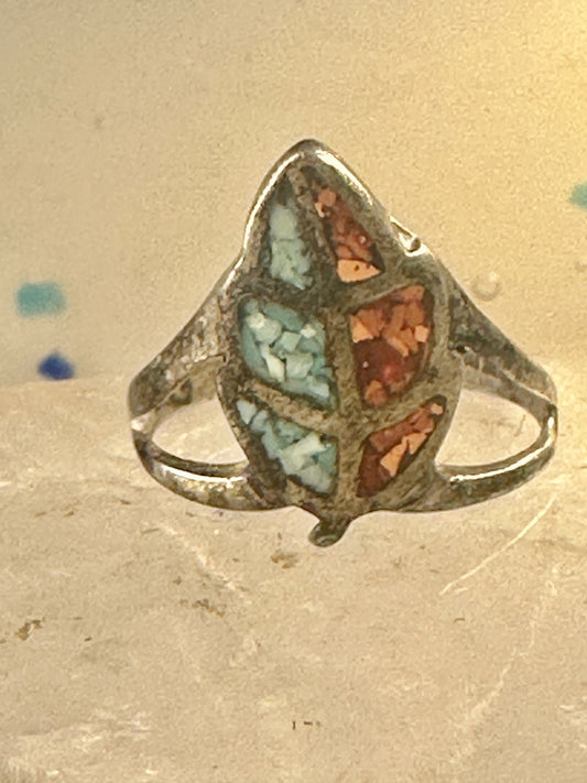 Leaf ring turquoise coral chips size 6.50 sterling silver women