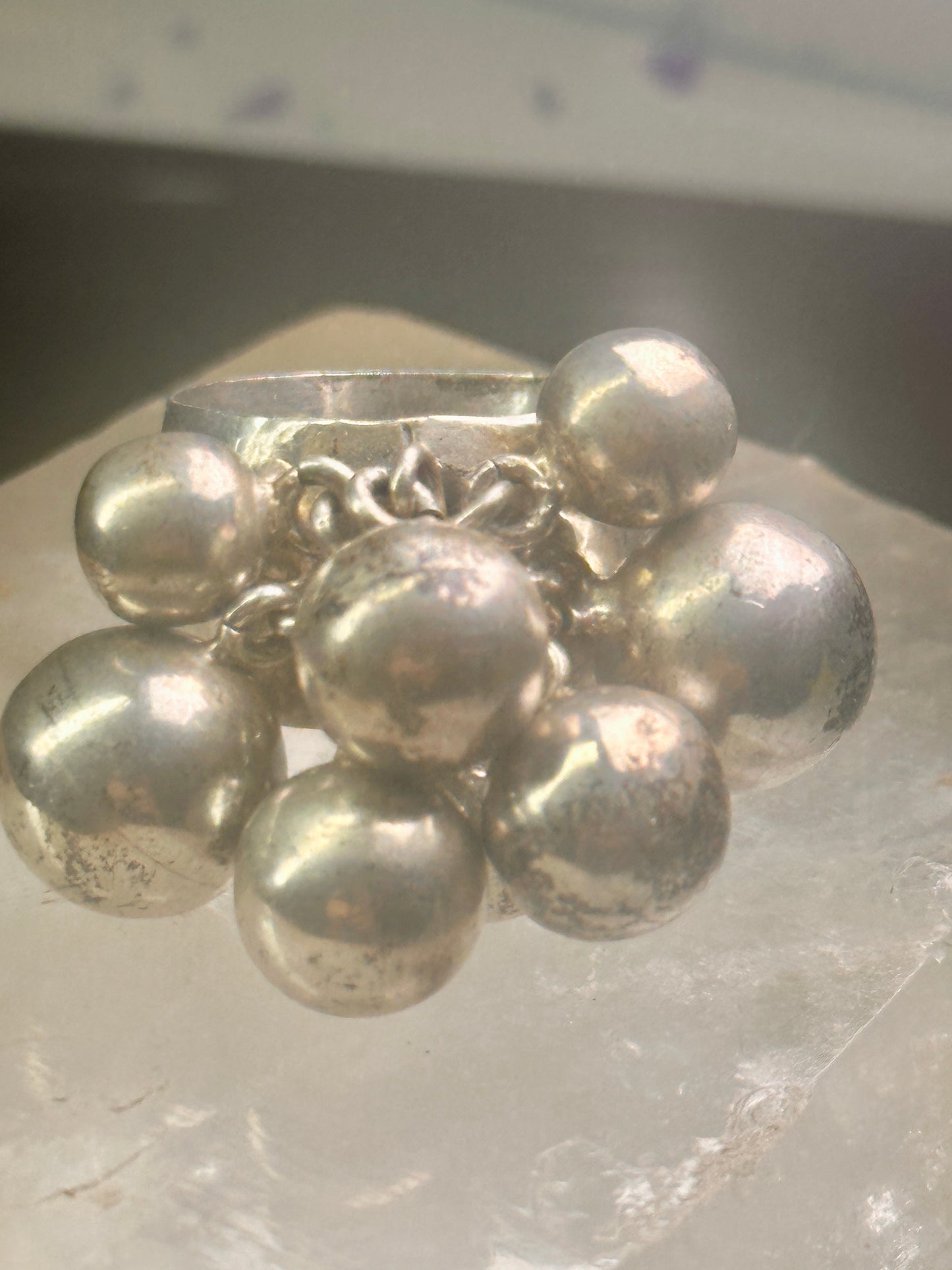 Bead Cluster ring moving Heavy balls cha cha wide band size 7.50 sterling silver women 1970's