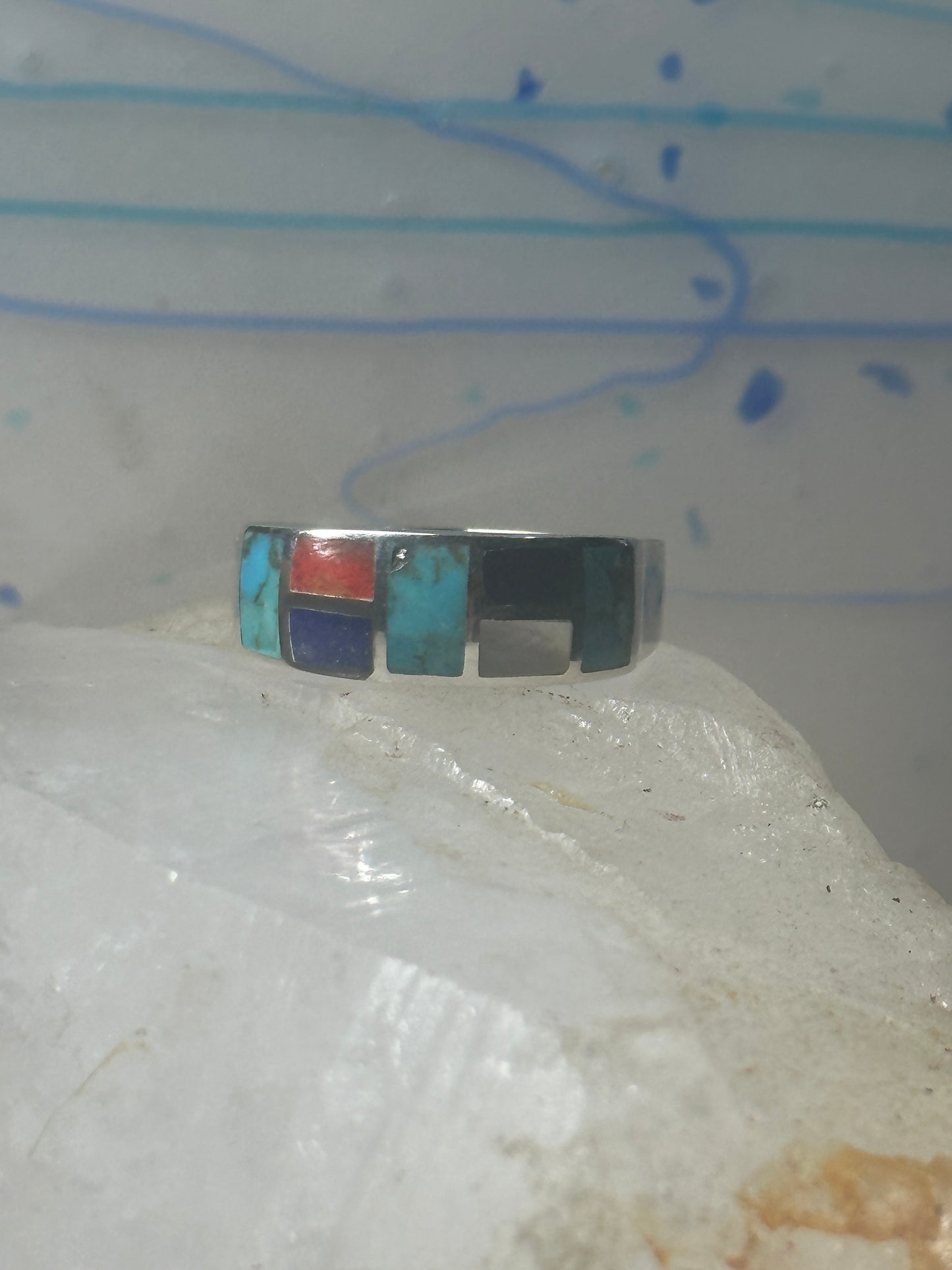 Turquoise ring Southwestern band size 12 lapis mop sterling silver women men