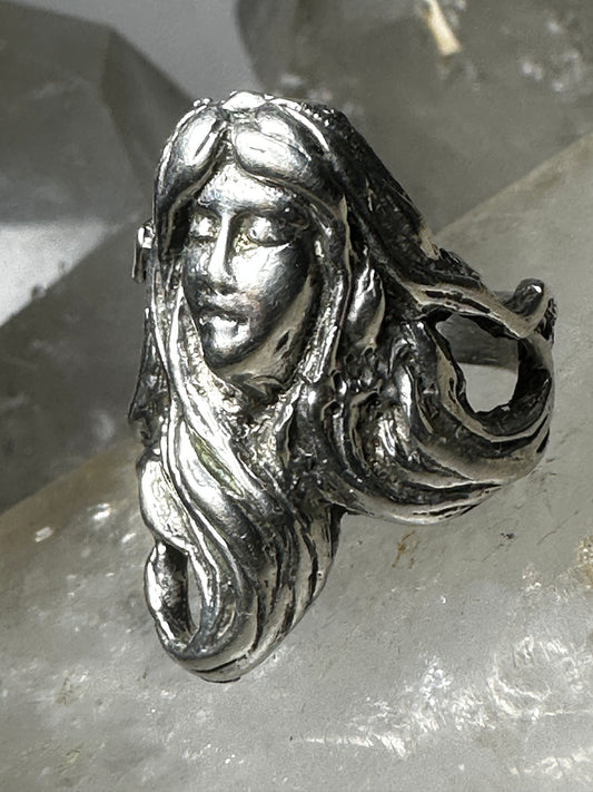 Sleeping Face ring flowing hair Size 6 Art Nouveau figurative band Sterling Silver women