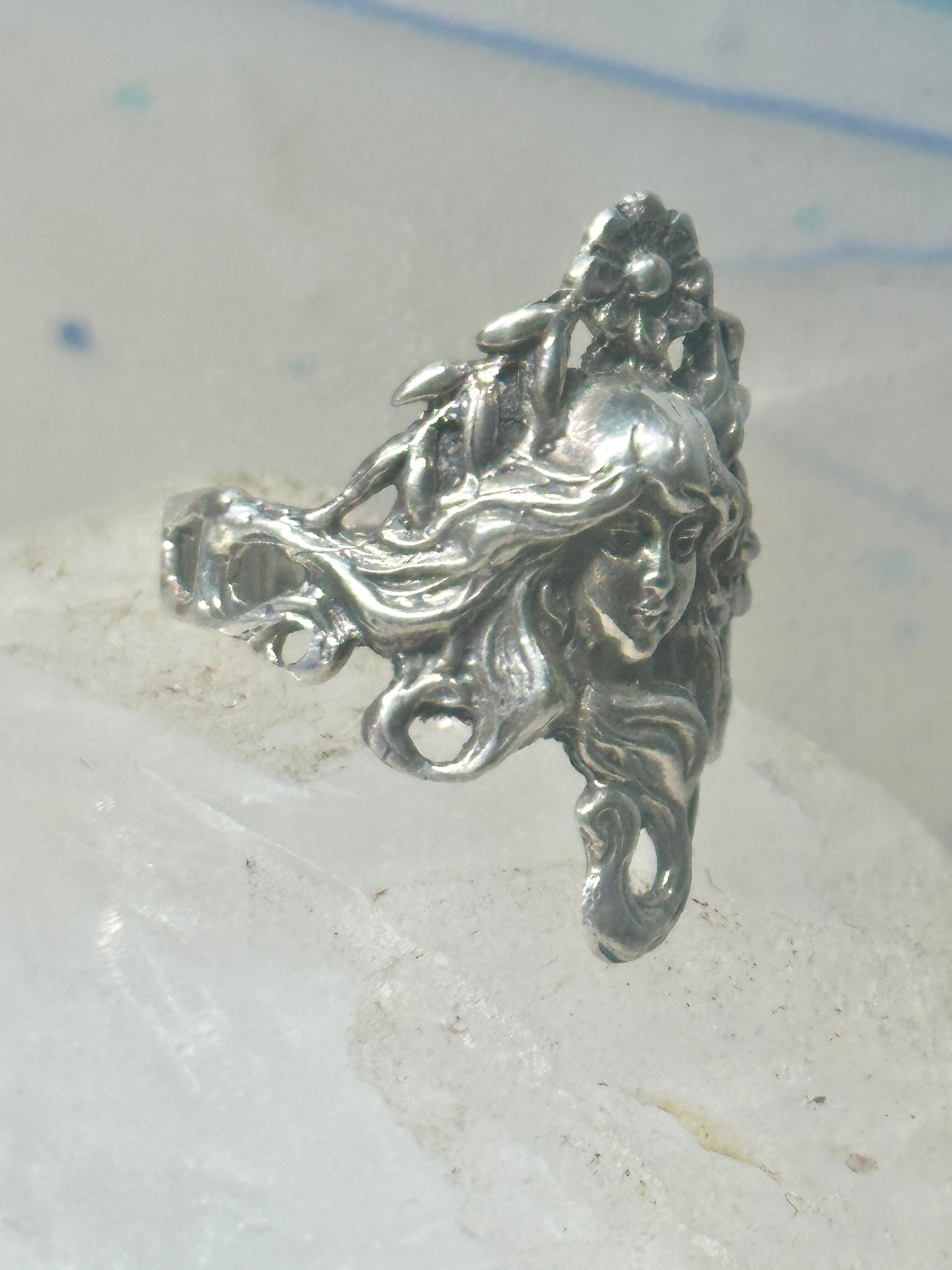 Art Deco face ring floral band size 8 sterling silver women