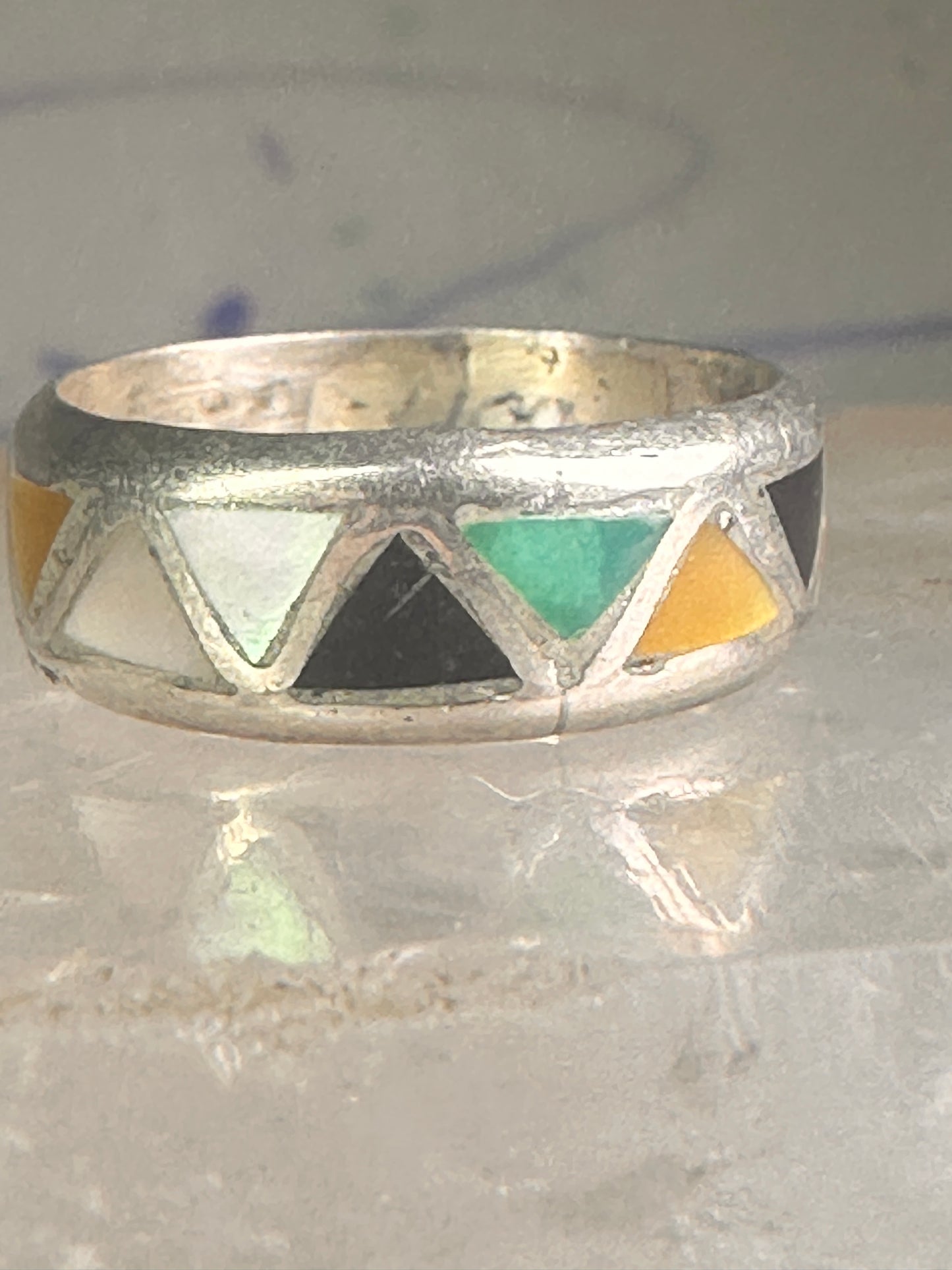 Zuni ring wedding band turquoise onyx coral MOP size 6.25 sterling silver women men 