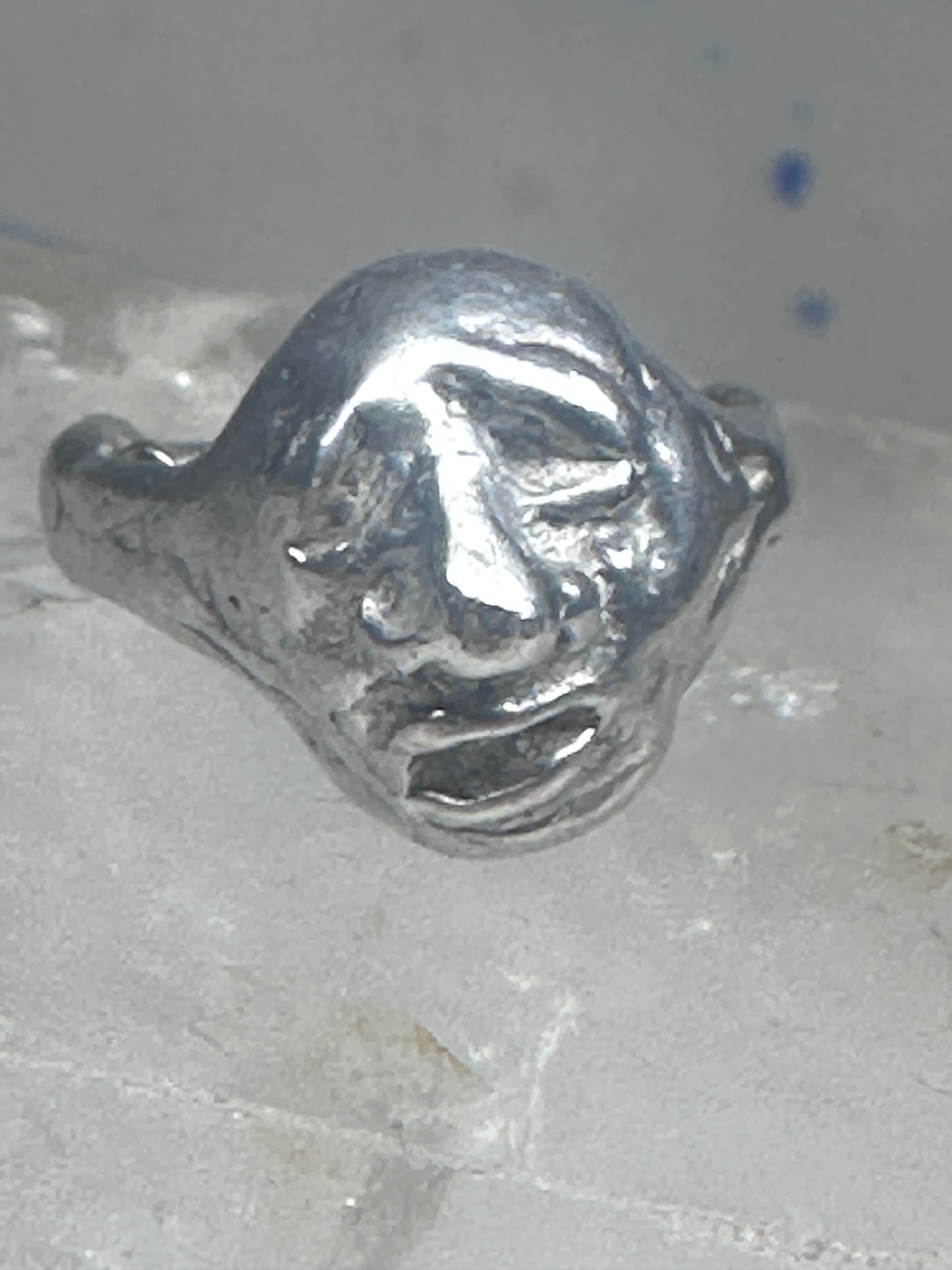 Face ring brutalist figurative pinky band size 4 sterling silver women