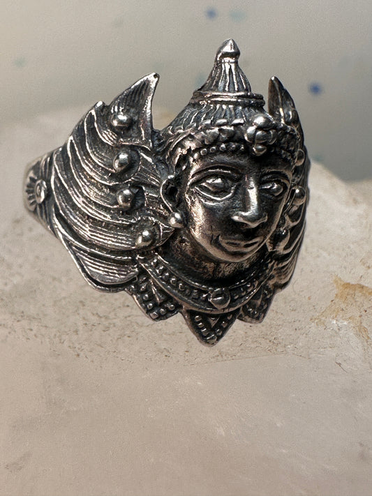 Winged Goddess ring face deity band size 7.75 sterling silver women