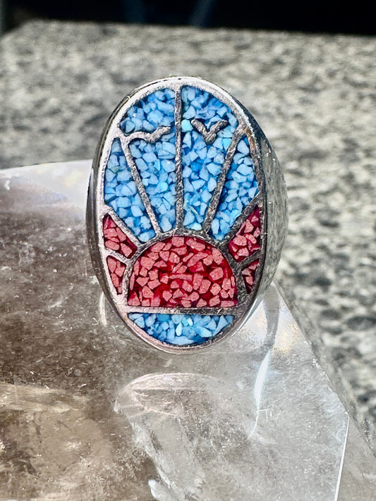 Sunrise ring sunset band seagulls turquoise coral southwest size 9.75 Sterling silver women men