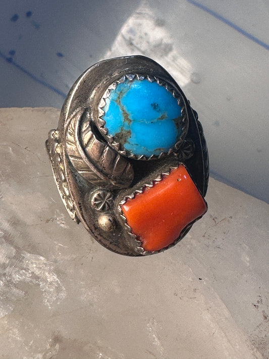 Navajo ring turquoise leaf coral band size 10 sterling silver women men