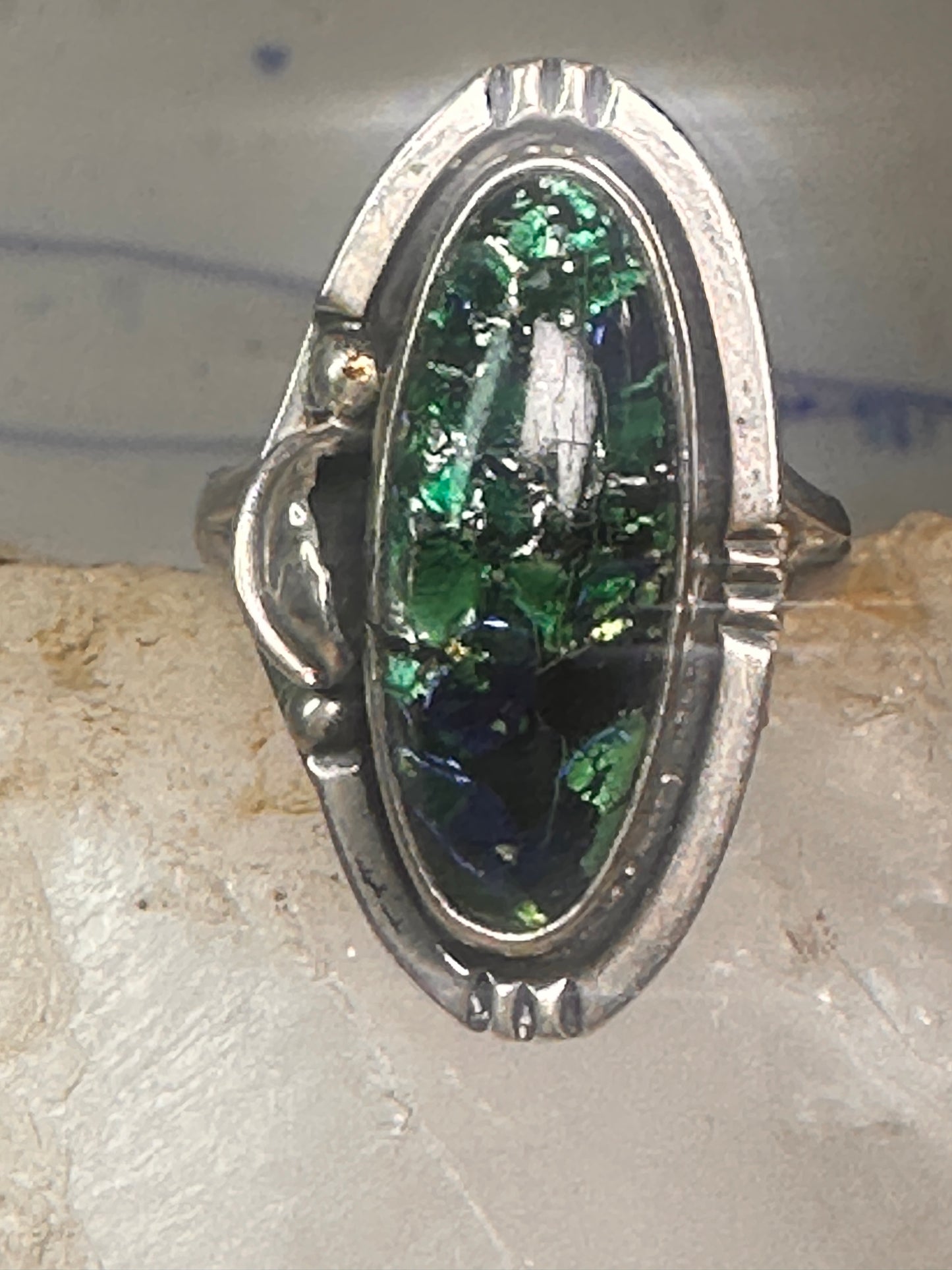 Vintage man made stone ring Long Navajo feather leaf size 6 Sterling silver women