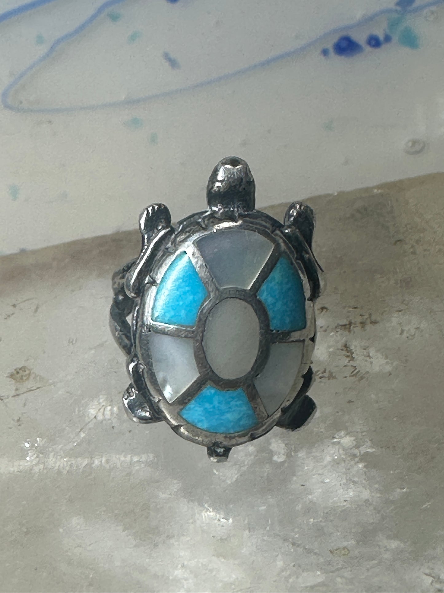 Zuni Turtle ring size 5 turquoise Mother of pearl sterling silver women girls