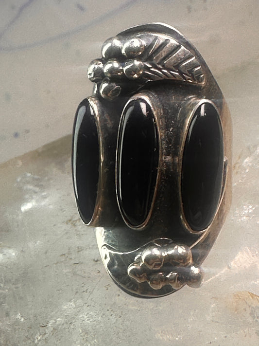 Vintage onyx ring leaf southwest long cigar band size 7 Sterling silver women signed M