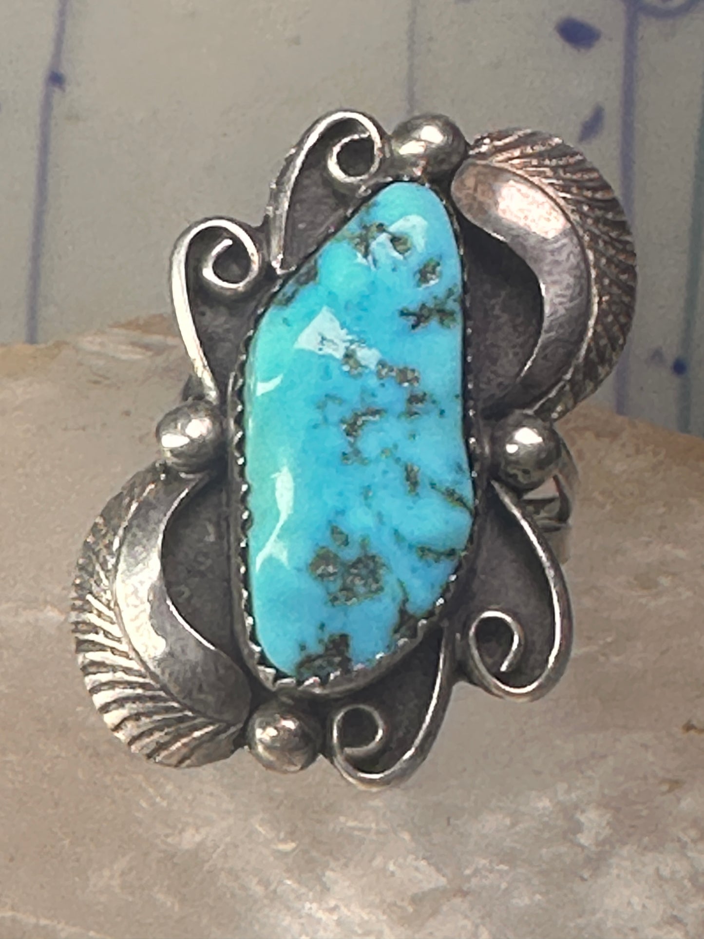 Long turquoise ring Navajo size 7.75 sterling silver women