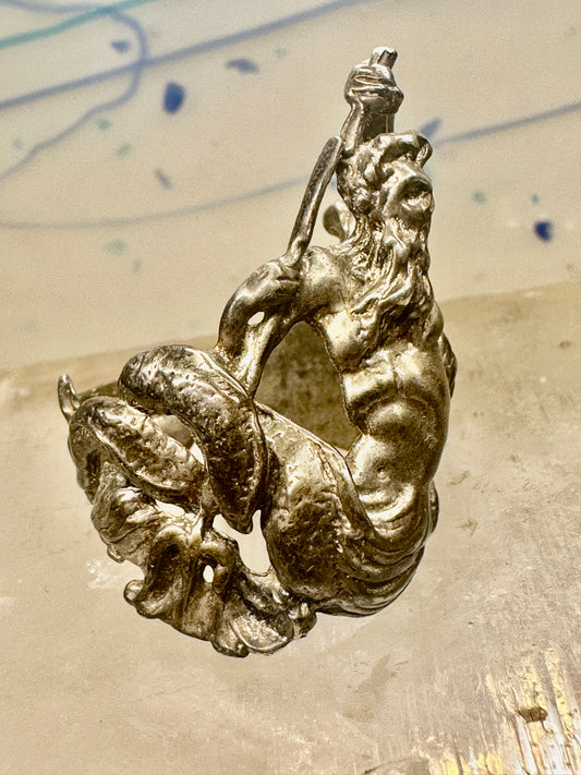 Poseidon Neptune Triton sea god ocean Trident ring size 10 sterling silver women men