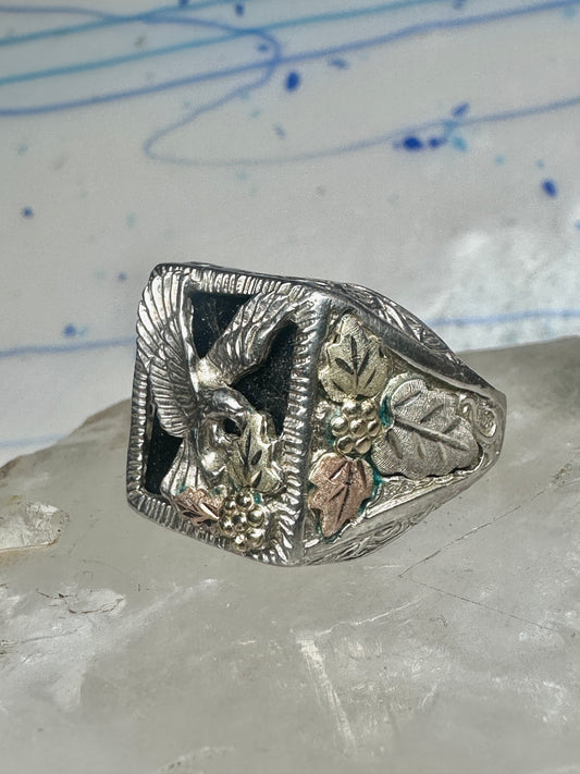 Black Hills Gold ring Eagle onyx leaves band size 13 sterling silver women men