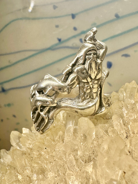 Poseidon Neptune Triton sea god Trident ring size 9 sterling silver women men