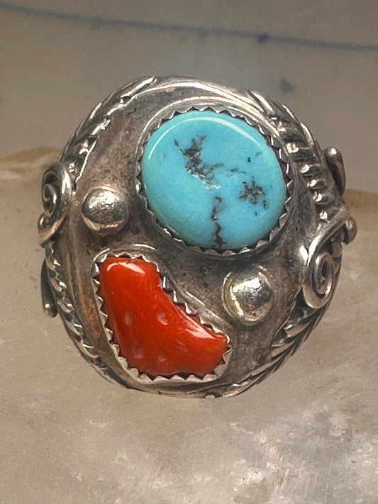 Navajo ring turquoise coral leaves feathers size 10 sterling silver women men