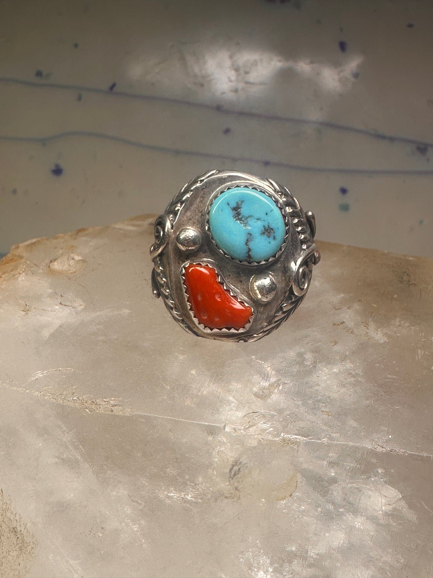 Navajo ring turquoise coral leaves feathers size 10 sterling silver women men