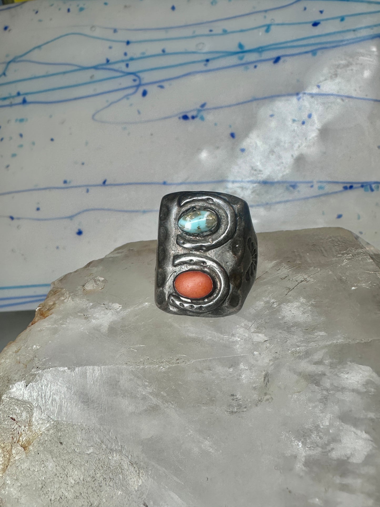 Navajo ring size 10.75 turquoise coral band cowboy sterling silver women men