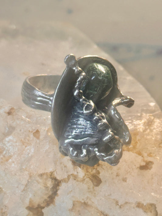 Vintage long brutalist ring green stone heavy band size 6.2 Sterling silver women