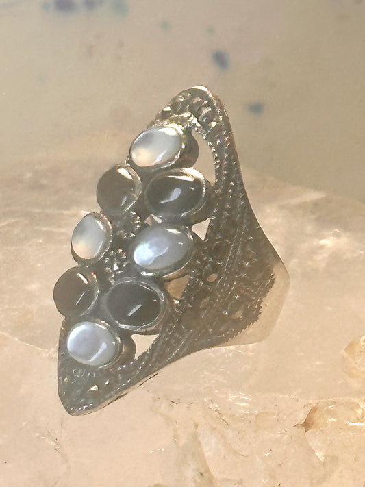 Vintage cat's eye & black plastic stones marcasites band size 6.5 Sterling silver women