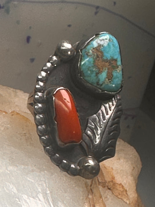 Navajo ring size 5.25 signed L Platero turquoise coral sterling silver women