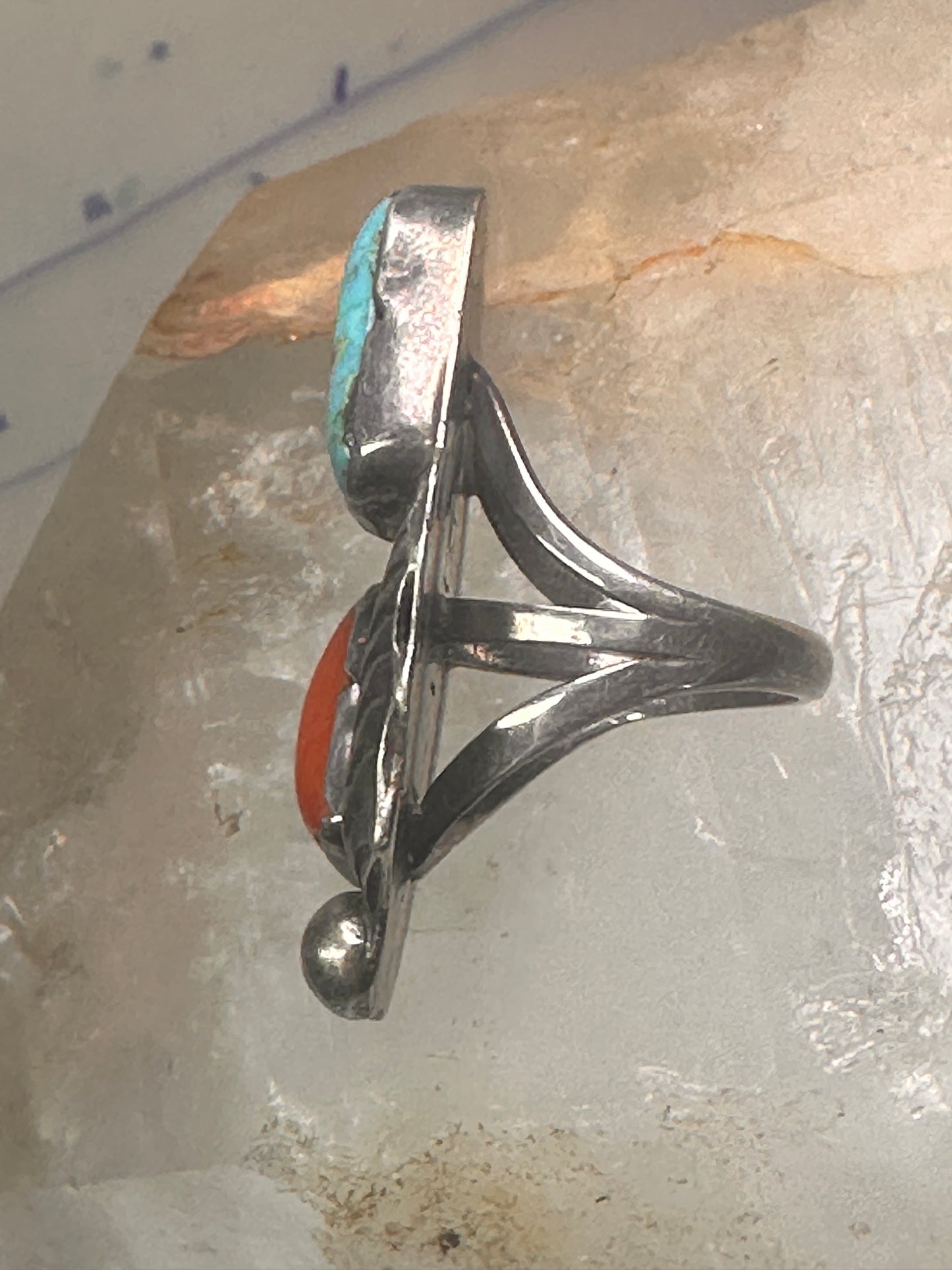 Navajo ring size 5.25 signed L Platero turquoise coral sterling silver women