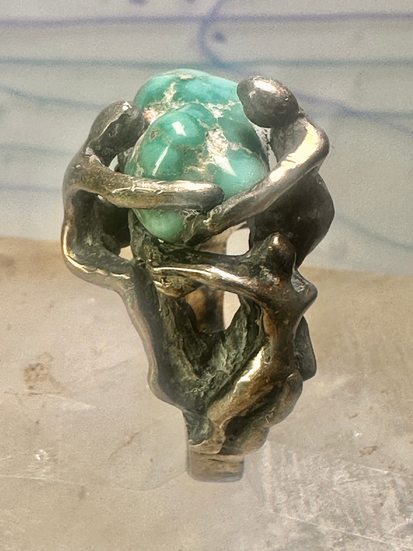 Brutalist ring turquoise figurative size 7 sterling silver women men