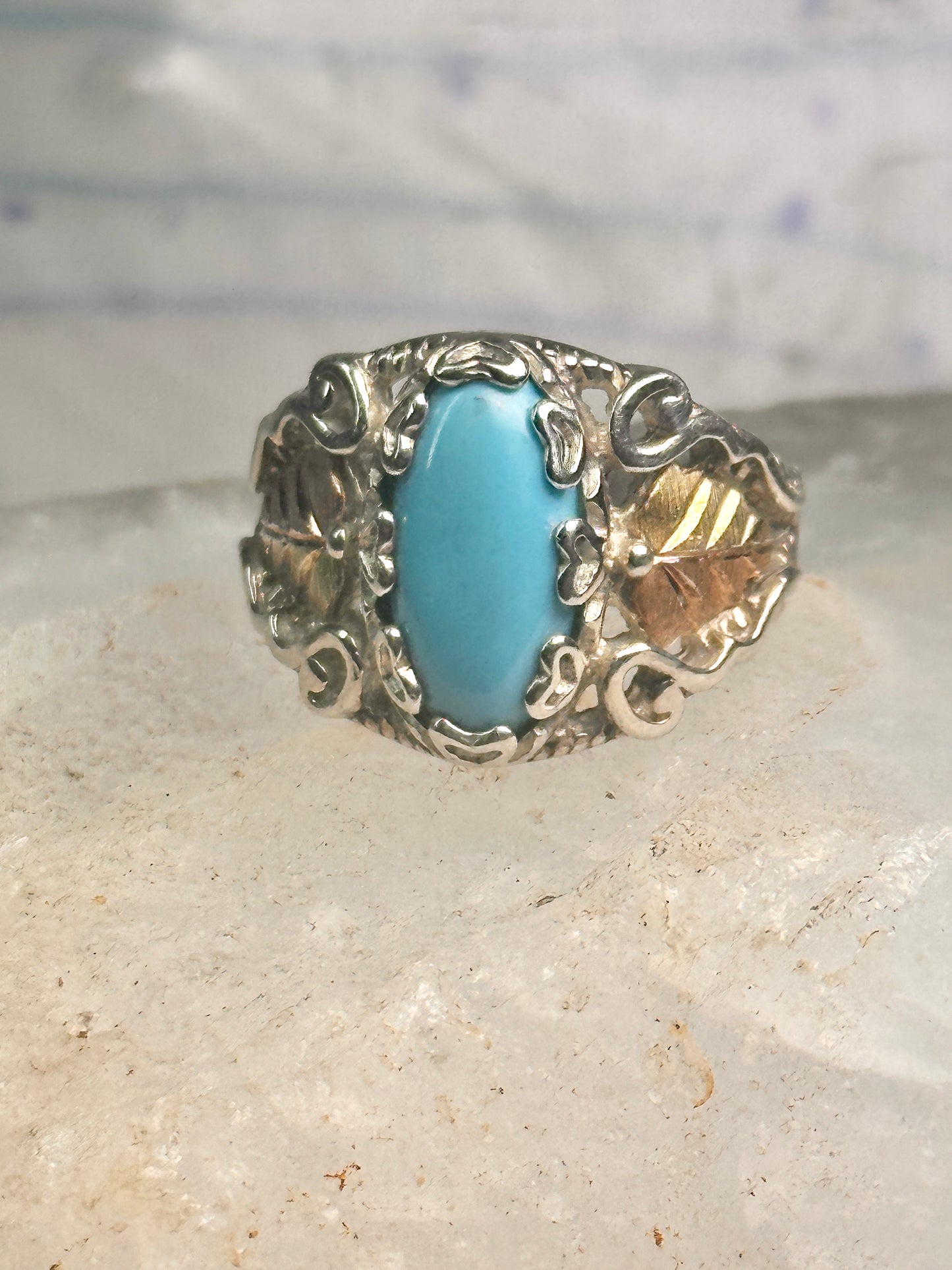 Black Hills Gold Ring turquoise floral leaves size 7 sterling silver women