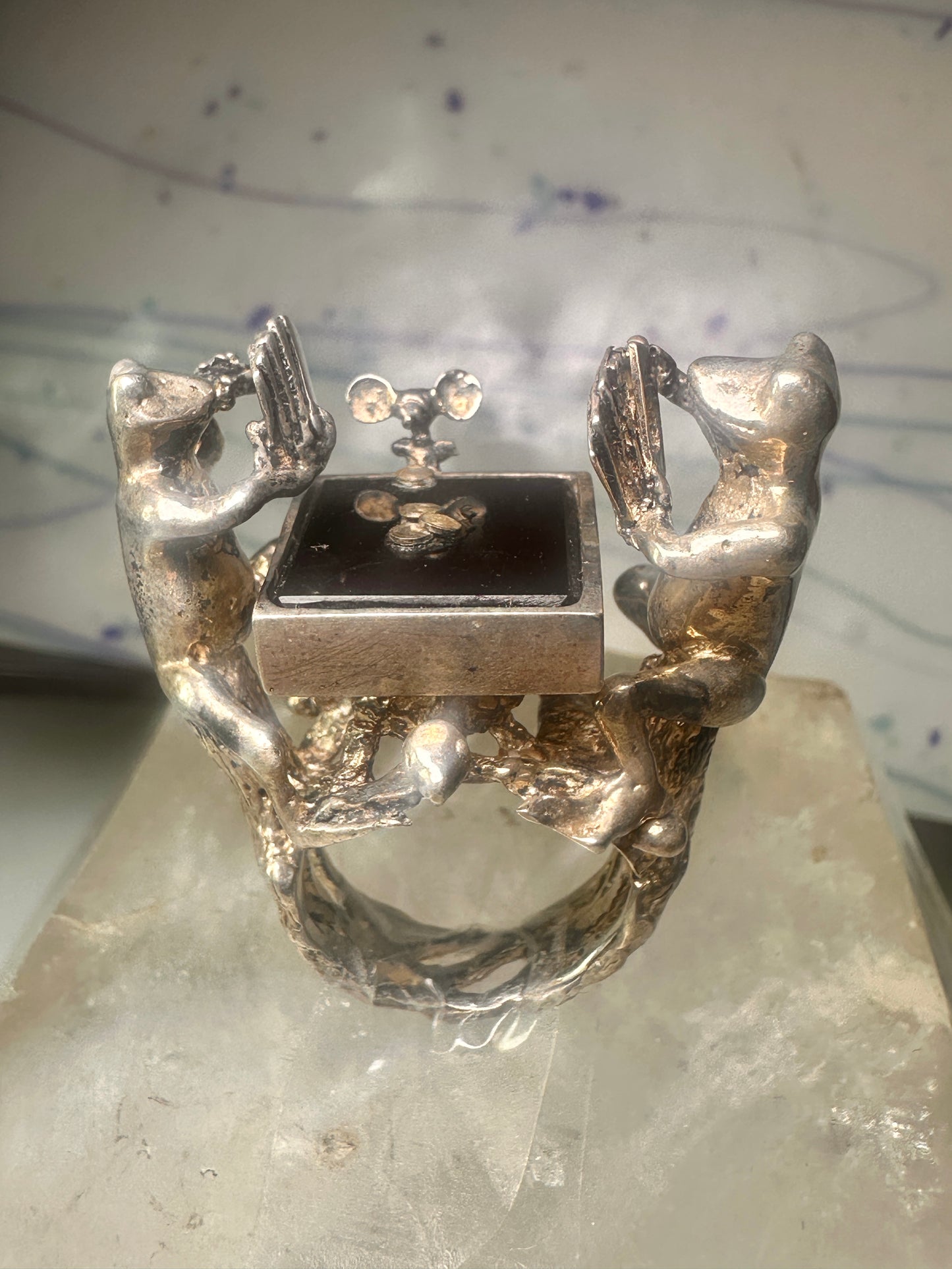 Frog ring Frogs Gambling Poker cards turtle tree mouse size 6.75 sterling silver women