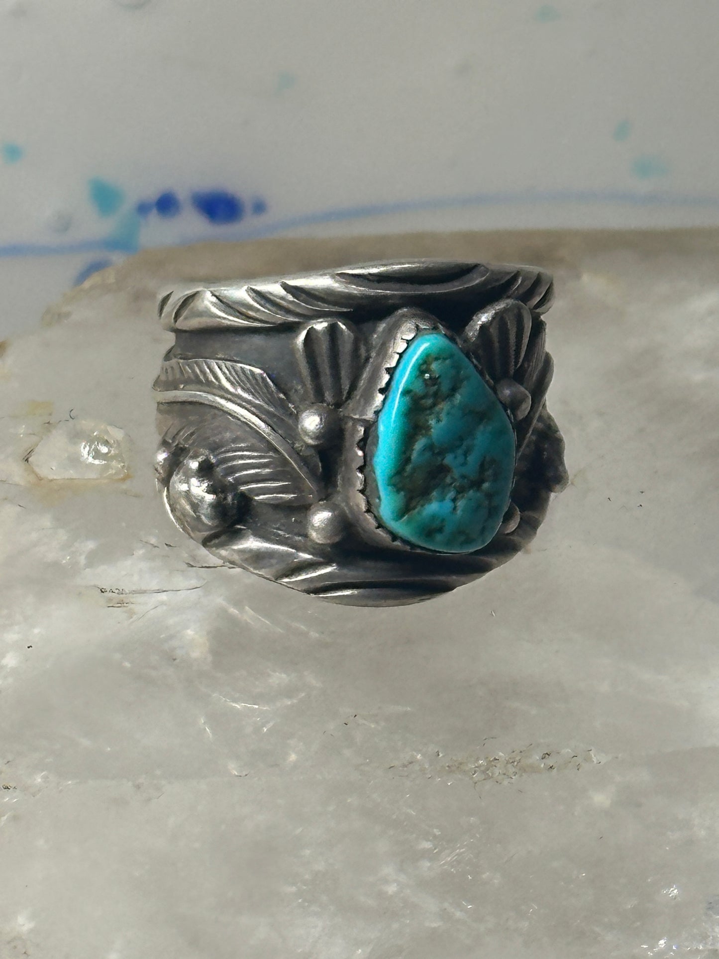 Long Navajo ring turquoise band leaves C. Lewis sterling silver size 8.2 women men