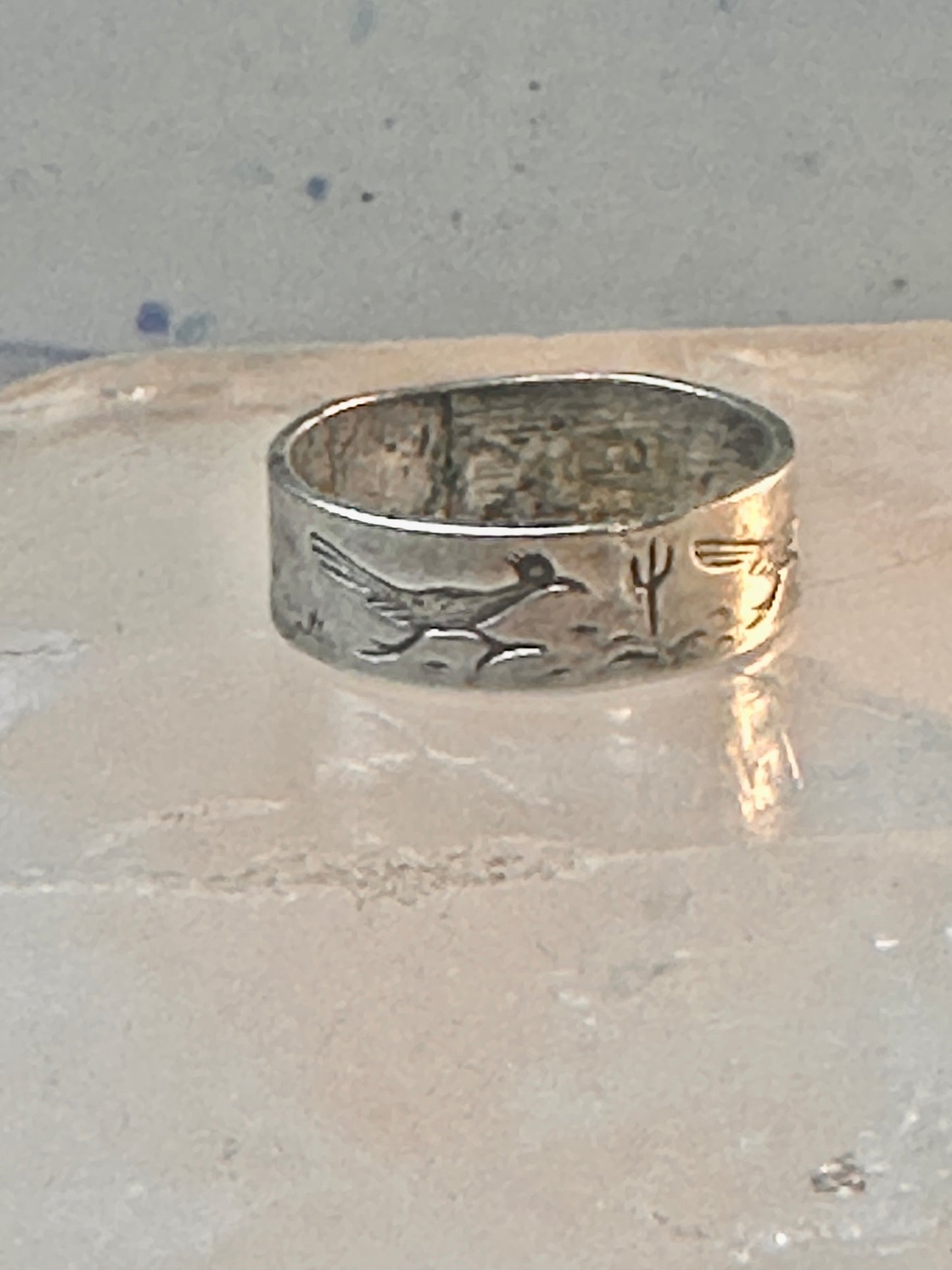 Road Runner ring cactus Bell Co Navajo artists band ring size 5.5 Sterling silver women