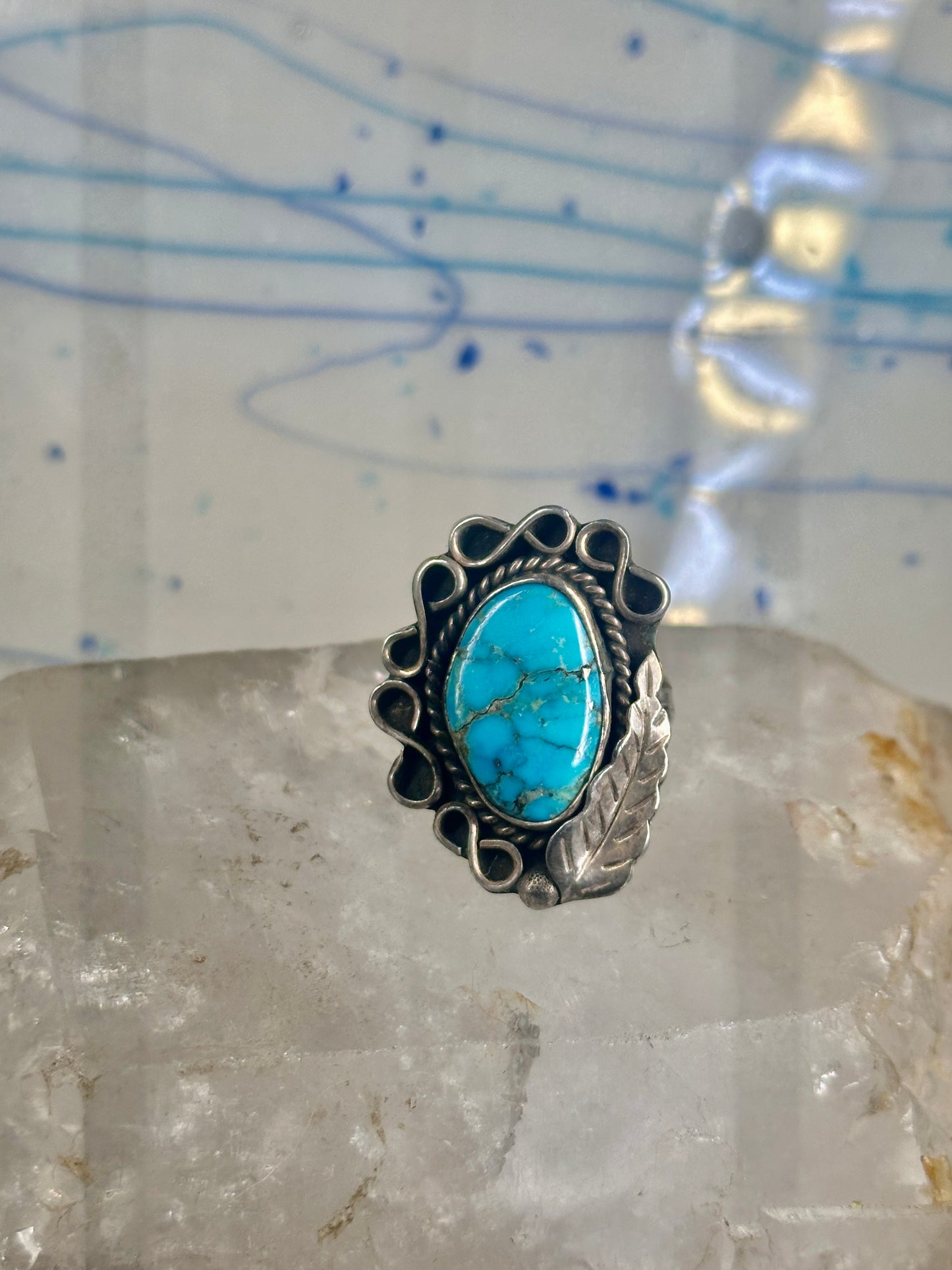 Turquoise ring Navajo feather leaf size 9.75 sterling silver women 