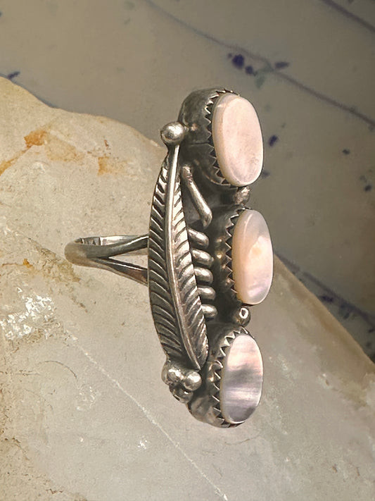 Long Mother of Pearl ring 3 stone Navajo feather size 6 sterling silver women 