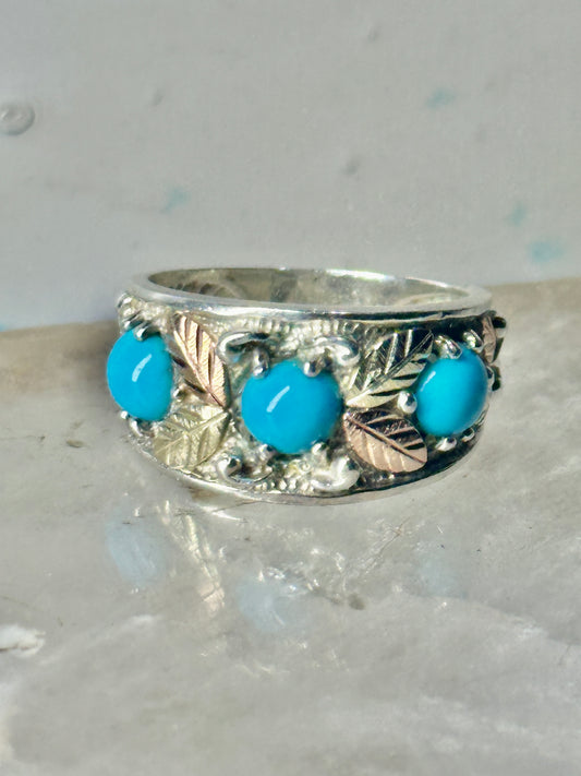 Black Hills Ring 3 stone turquoise band sterling silver size 5.75 women