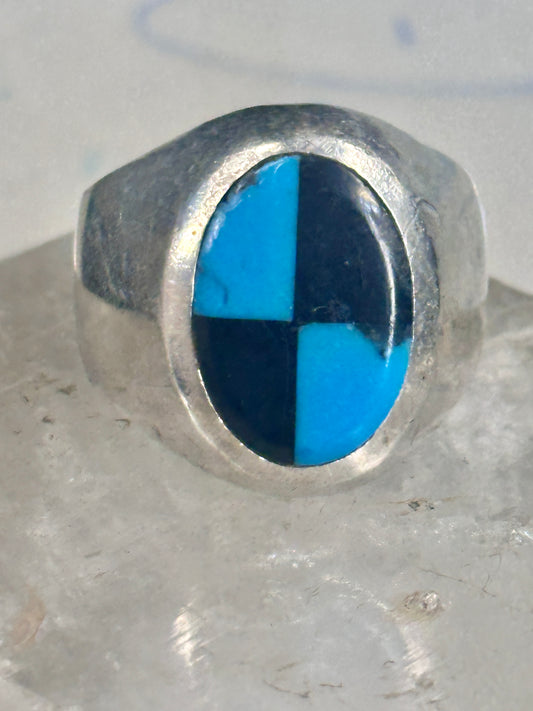 Turquoise ring onyx Mexico size 12 heavy checkerboard sterling silver women men