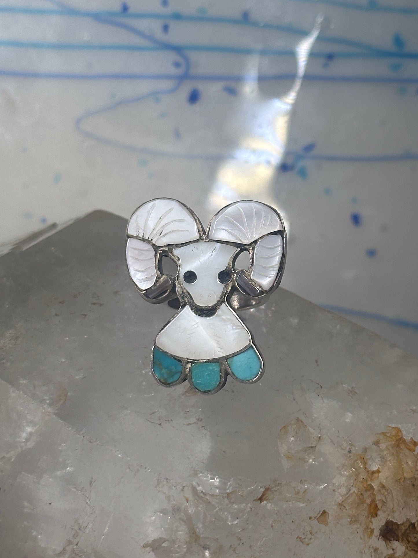 Ram ring by Joe Zunie Zuni leaf feather Turquoise MOP size 5 sterling silver women men