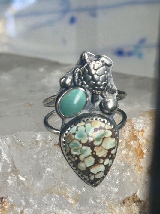 Honu Turtle ring spiderweb turquoise size 7 sterling silver women