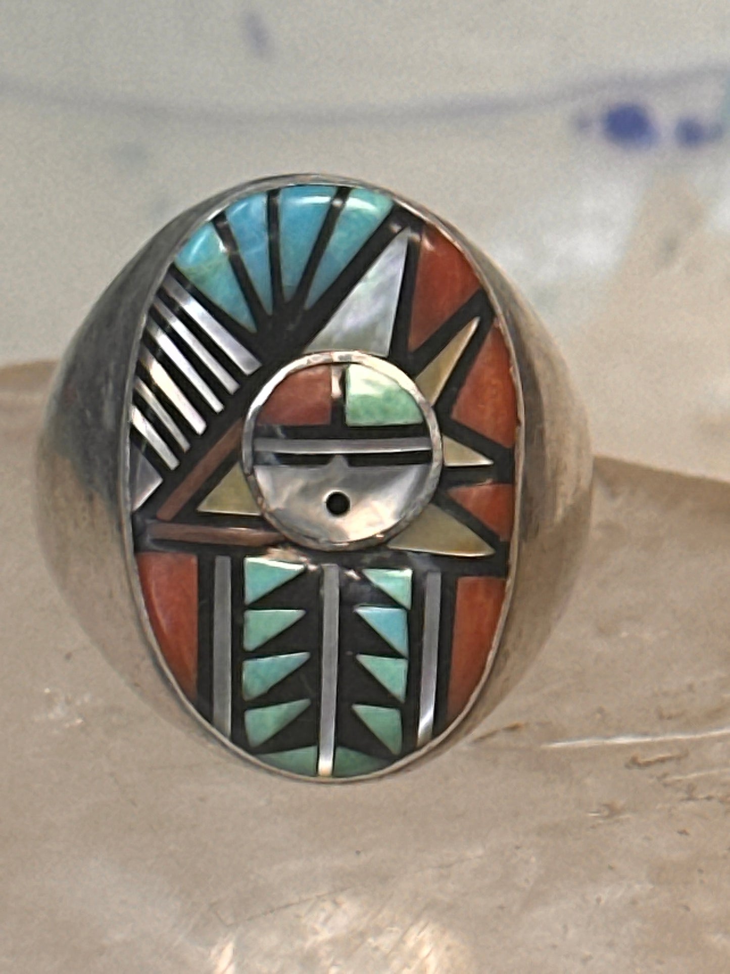 Zuni ring Angelina Laahty sun turquoise coral MOP Jet size 11.75 Sterling silver women men