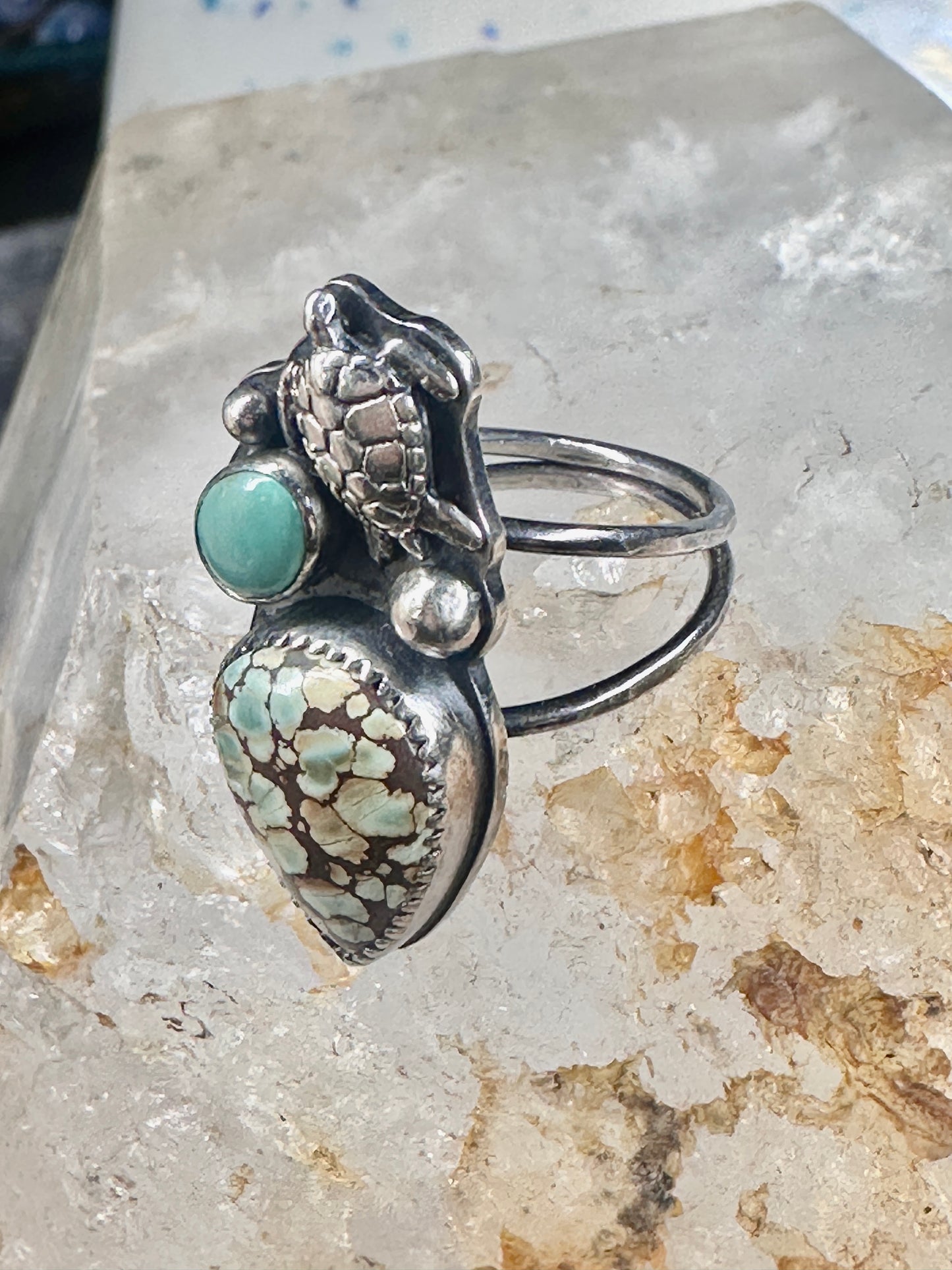 Honu Turtle ring spiderweb turquoise size 7 sterling silver women