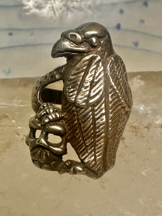 Bird ring Raven skull band size 9 sterling silver women men