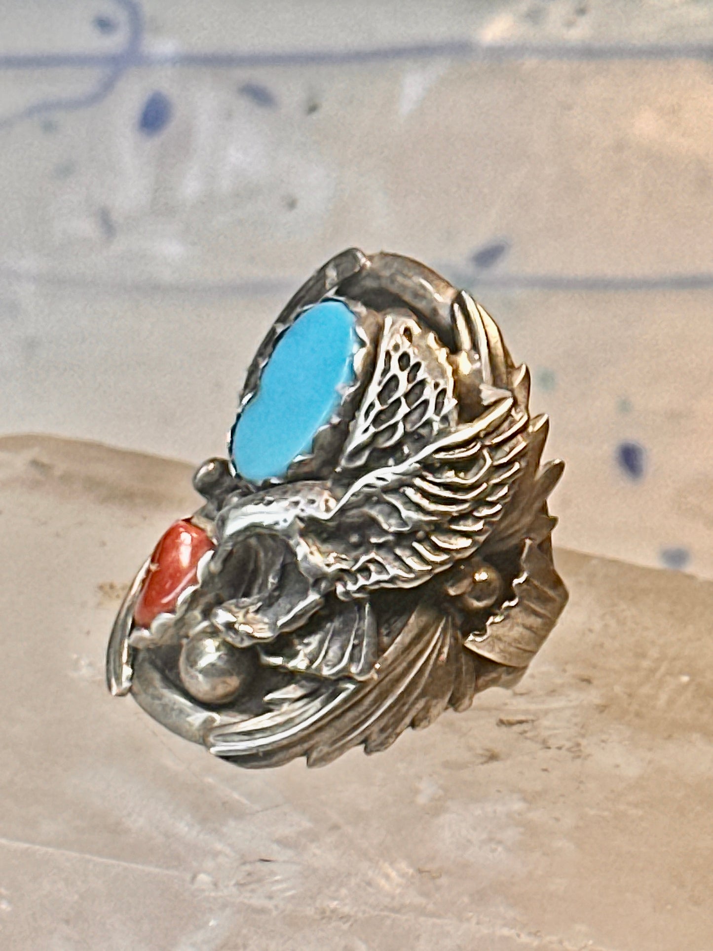 Eagle ring Navajo turquoise coral size 8 Sterling silver women men