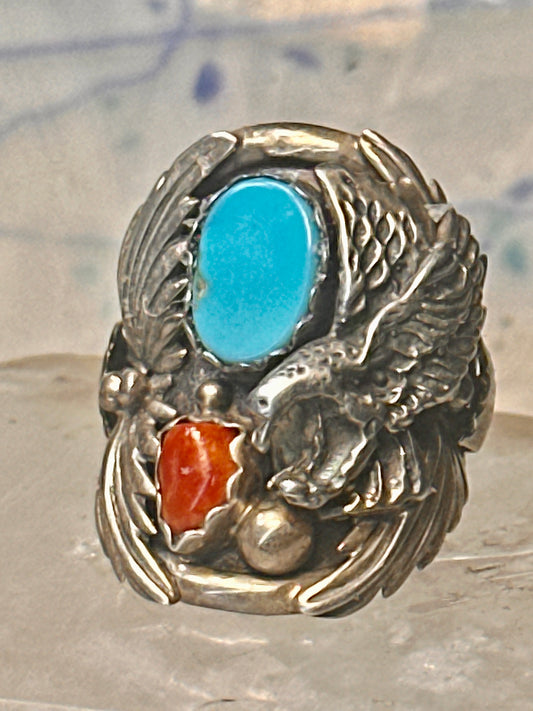 Eagle ring Navajo turquoise coral size 8 Sterling silver women men